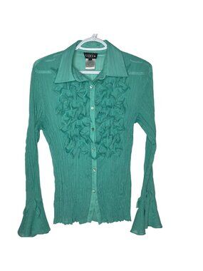 Libra Aqua Blue Shimmer Top Long Bell Sleeve Semi Sheer Blouse Small